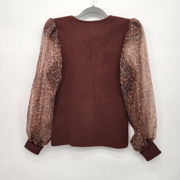 Anthropologie DOLAN Leopard Print Sheer Puff-Sleeve Brown Sweater Women's M - Picture 11 of 11